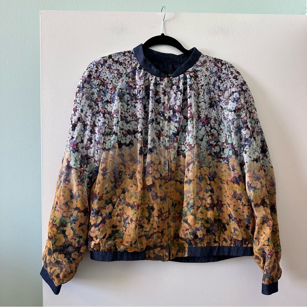 ZARA ombré floral bomber jacket with denim trim accents